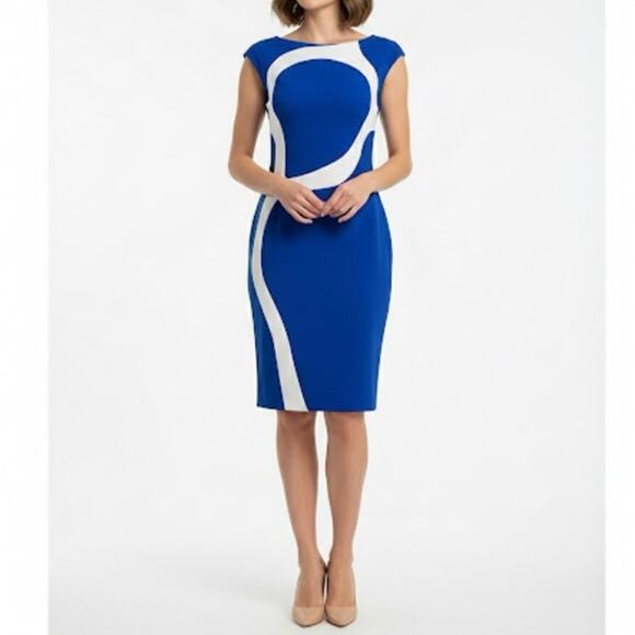 Escada Royal Blue/White Geometric Swirl Sheath Dress Spring 2014 Size 32 (XS) - Picture 1 of 14